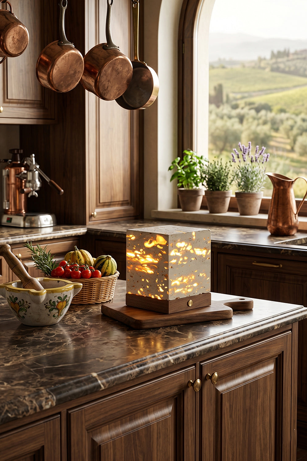 Radiant Monolith Travertine Table Lamp | Travertine, Wood | Lit on granite counter | Rustic Tuscan kitchen interior | Arched window, olive grove view | vexa lamps