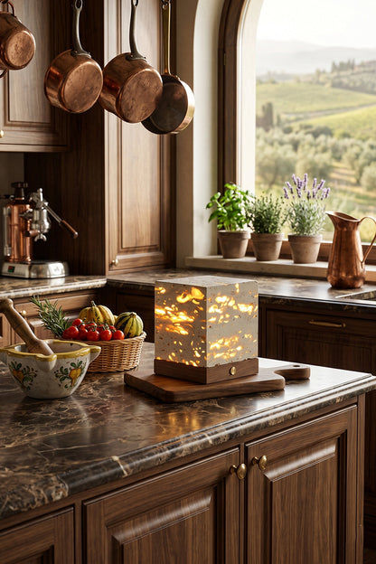 Radiant Monolith Travertine Table Lamp | Travertine, Wood | Lit on granite counter | Rustic Tuscan kitchen interior | Arched window, olive grove view | vexa lamps