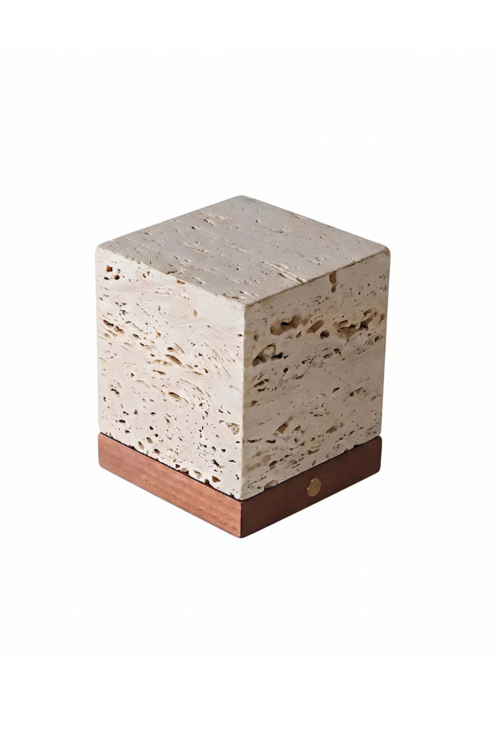 Radiant Monolith Travertine Table Lamp | Travertine, Wood | Unlit 3/4 perspective isolated white background | Raw stone texture, dark wood base | Gold switch detail | vexa lamps