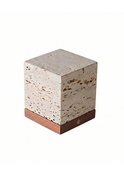 Radiant Monolith Travertine Table Lamp | Travertine, Wood | Unlit 3/4 perspective isolated white background | Raw stone texture, dark wood base | Gold switch detail | vexa lamps