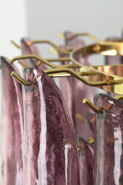 Regal Purple Cascade Chandelier | Glass, Metal | Macro view of the gold metal hooks and textured purple glass petals | Detail shot | vexa lamps