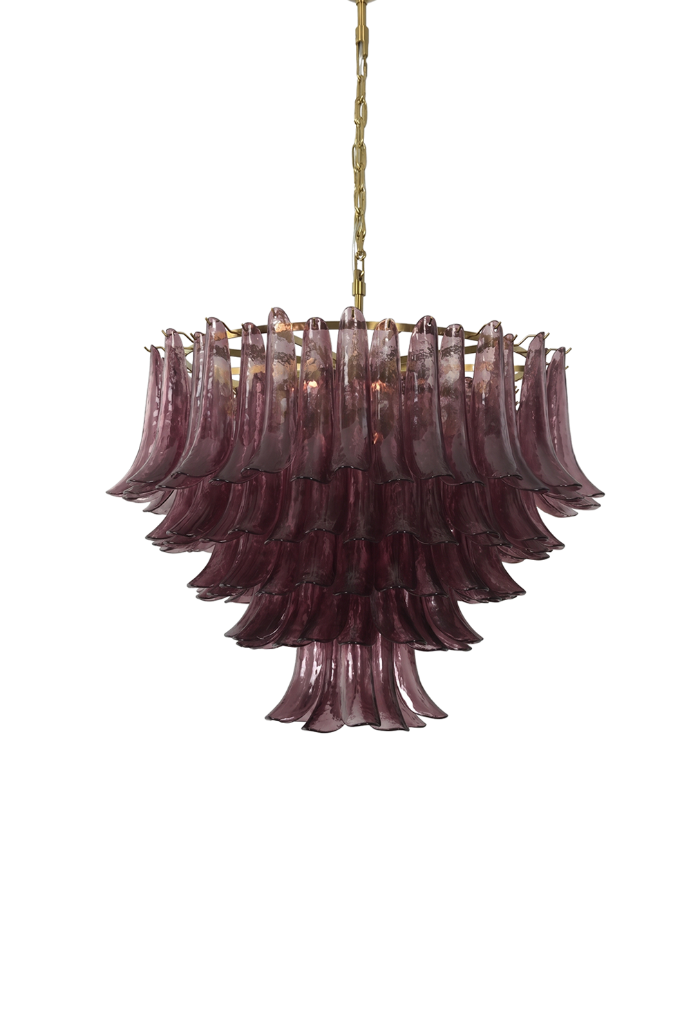 Regal Purple Cascade Chandelier | Glass, Metal | Multi-tiered chandelier with purple petal-shaped glass and brass chain | Isolated lit product shot on white background | vexa lamps