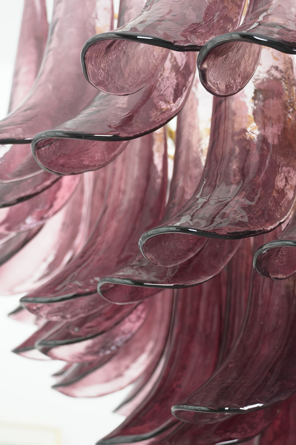 Regal Purple Cascade Chandelier | Glass, Metal | Detailed side view of the layered purple glass elements against a white background | Detail shot | vexa lamps