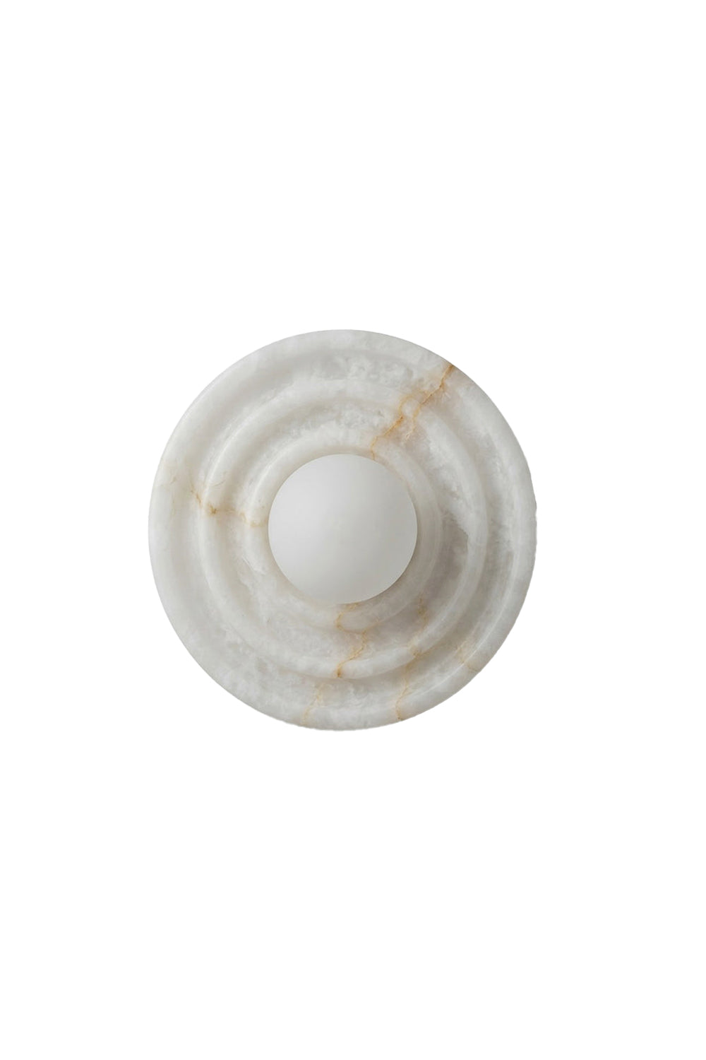 Rhea Rippled Alabaster Wall Sconce | Alabaster, Glass | Isolated front view of a circular postmodern wall sconce featuring a concentric rippled natural white alabaster stone disc plate with a central frosted white glass globe orb bulb | White background | vexa lamps