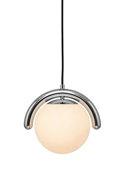 Single rhythmic flow pendant lamp in chrome finish | Metal, Glass | Lit view showing the shiny metallic texture | vexa lamps