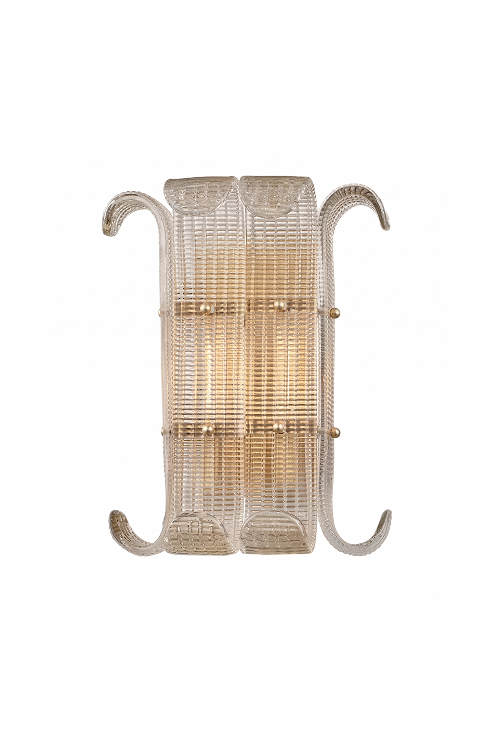 Ribbed Glass Scroll Wall Lamp with symmetrical curved glass arms | Metal, Glass | Clean product shot on white background showing front view and scroll design | vexa lamps