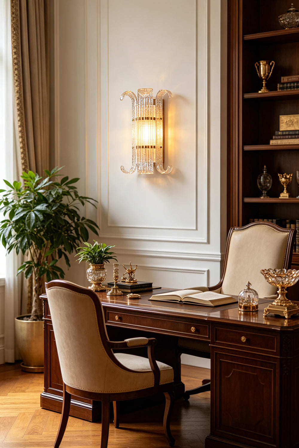 Ribbed Glass Scroll Wall Lamp installed in a home office | Metal, Glass | Mounted above a dark wooden desk near built-in bookshelves | vexa lamps
