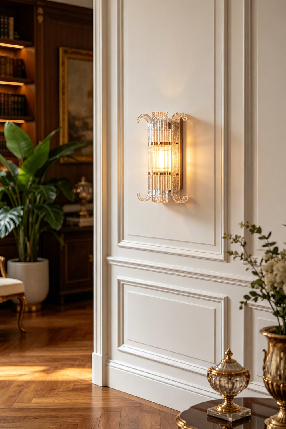 Ribbed Glass Scroll Wall Lamp providing warm bedside lighting | Metal, Glass | Installed above a queen bed with white bedding | vexa lamps