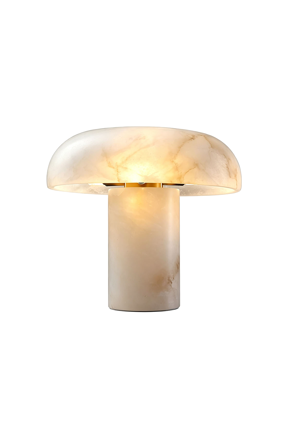Rosalind Alabaster Dome Table Lamp | Natural Alabaster and Brass | Front full view on a pure white background, illuminated | vexa lamps