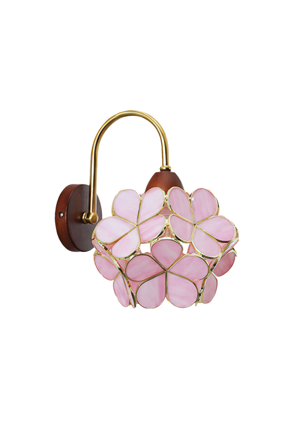 Rosalind Petal Glass Botanical Wall Lamp | Glass, Metal, Wood | Fully lit vintage flower-shaped wall sconce featuring pink glass petals in a gold frame with a curved brass arm and dark round wood backplate | Isolated product shot on white background | vexa lamps