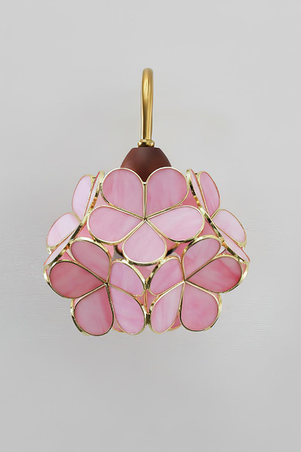 Rosalind Petal Glass Botanical Wall Lamp | Glass, Metal, Wood | Frontal centered shot of the pink glass petal wall light variant displayed on a plain grey studio backdrop | vexa lamps