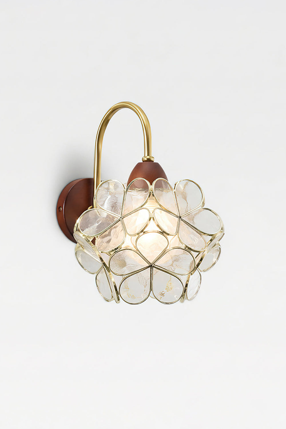 Rosalind Petal Glass Botanical Wall Lamp | Glass, Metal, Wood | Isolated lit product view of the white glass petal variant casting soft illumination against a white studio background | vexa lamps