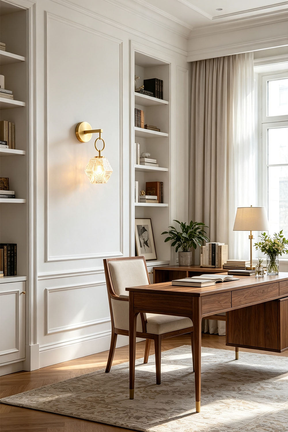 Rosamund Faceted Glass Wall Sconce | Faceted Glass and Brass | Illuminating a wooden desk in a bright home office space | vexa lamps