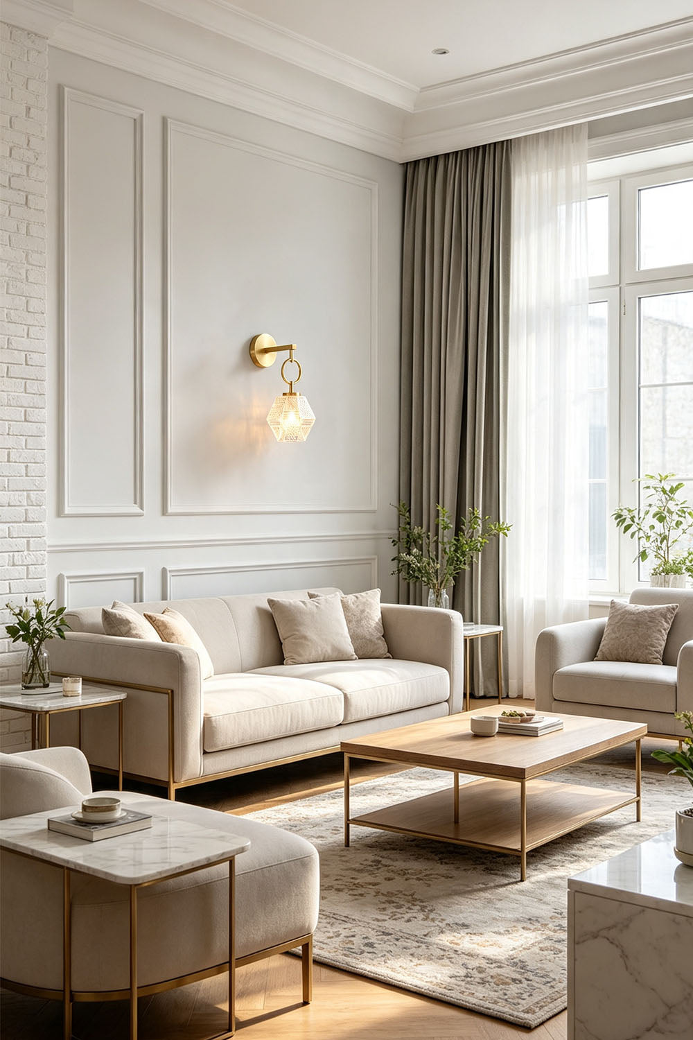 Rosamund Faceted Glass Wall Sconce | Faceted Glass and Brass | Displayed on a paneled wall in an elegant living room | vexa lamps