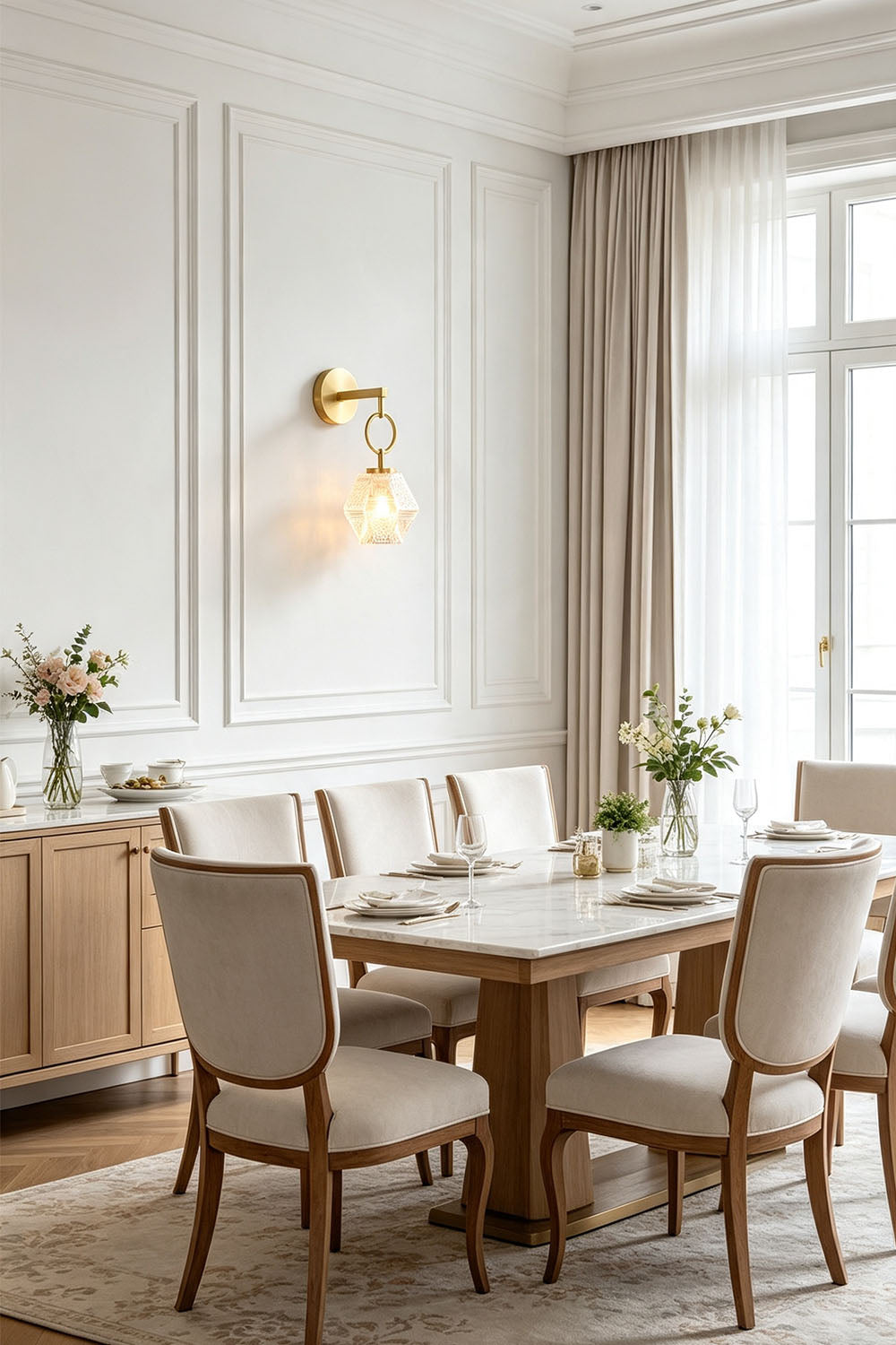 Rosamund Faceted Glass Wall Sconce | Faceted Glass and Brass | Enhancing a modern dining area with a wooden table and chairs | vexa lamps