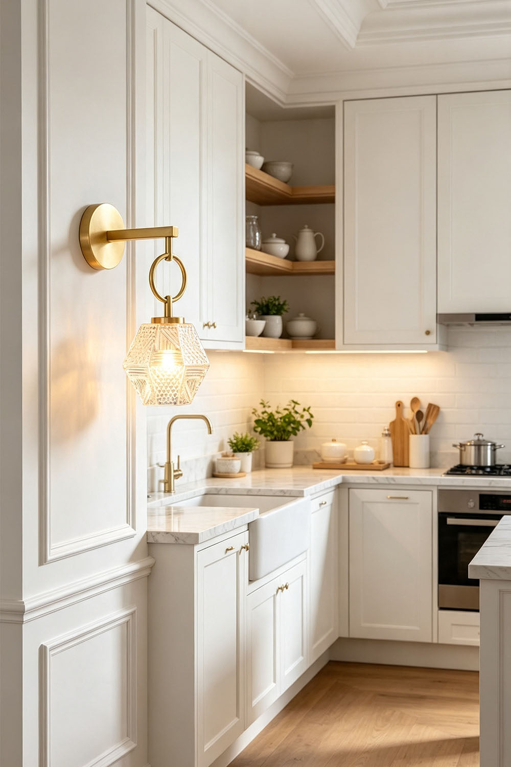 Rosamund Faceted Glass Wall Sconce | Faceted Glass and Brass | Installed above a kitchen counter next to white cabinets | vexa lamps
