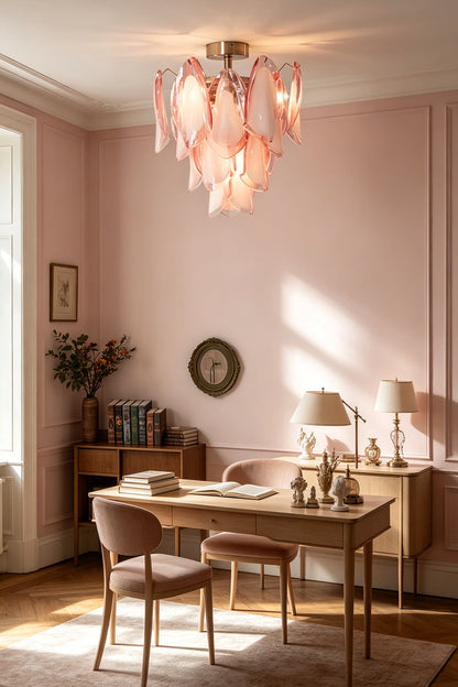 Pink petal glass ceiling light in a home office | Metal, Glass | Interior scene with pink walls and a wooden desk | vexa lamps