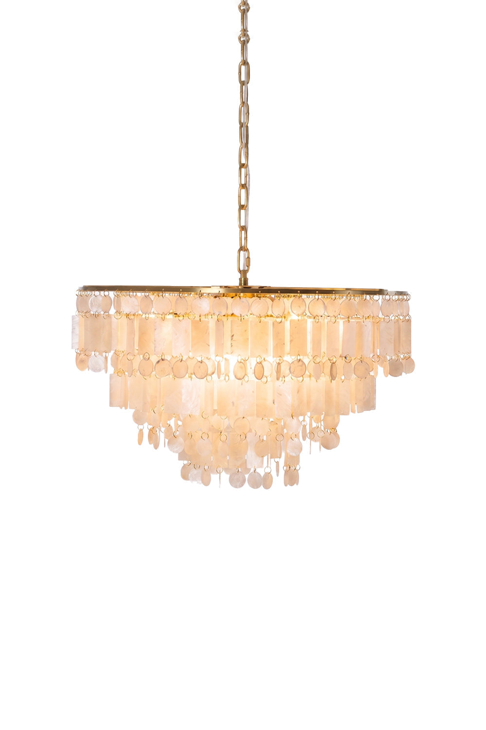 Seraphina Capiz Cascade Metal Chandelier featuring capiz shell discs and satin gold frame.