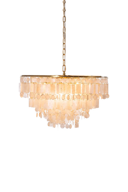 Seraphina Capiz Cascade Metal Chandelier featuring capiz shell discs and satin gold frame.