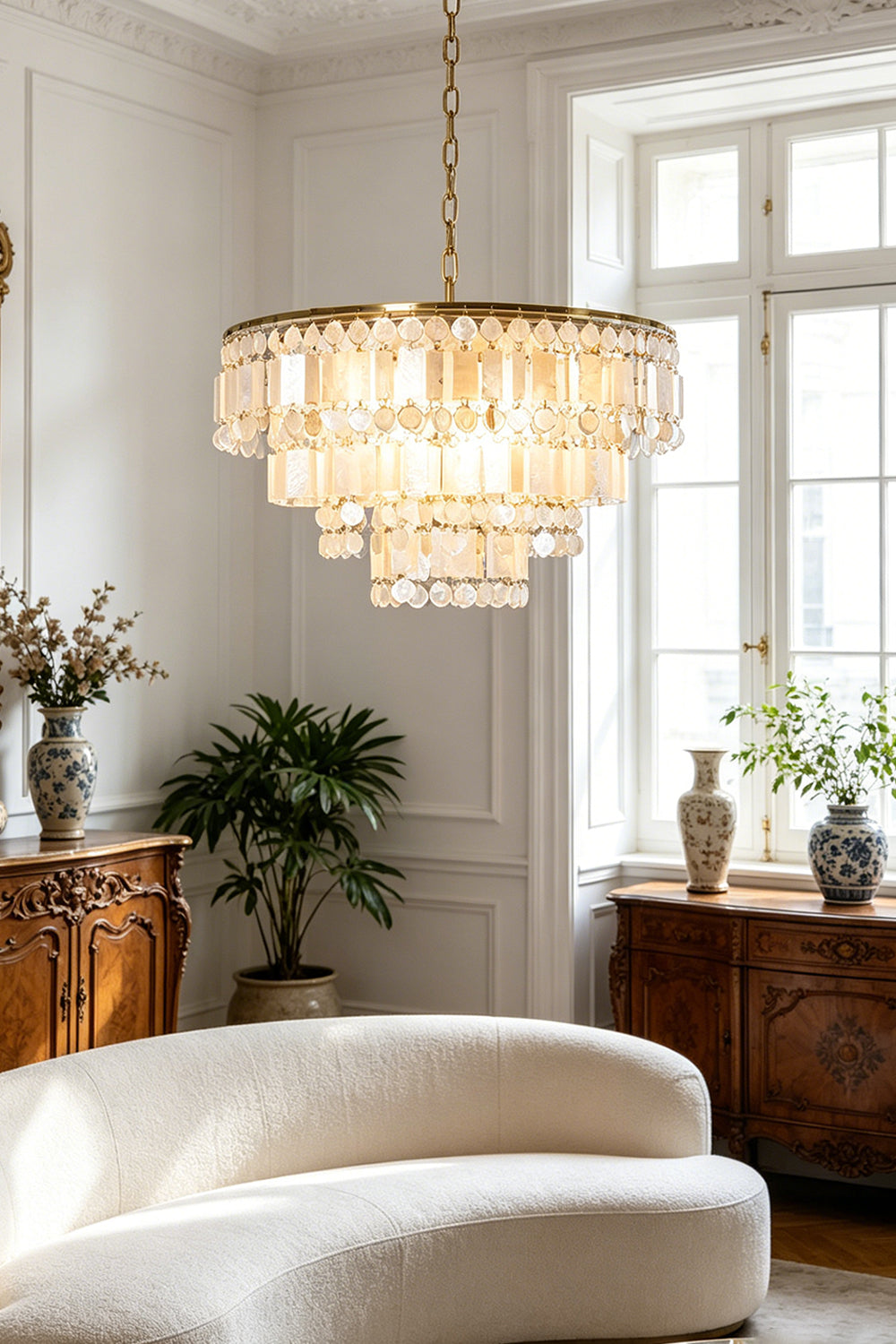 Seraphina Capiz Cascade Metal Chandelier illuminating a stylish living room with elegant decor.