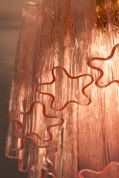 Seraphine Starburst Glass Tube Ceiling Light | Pink Glass and Brass | Medium close-up of the translucent pink starburst glass tubes | vexa lamps