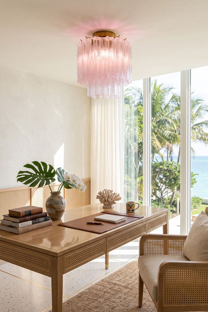 Seraphine Starburst Glass Tube Ceiling Light | Pink Glass and Brass | Styled in a modern study room near a large window with tropical plants | vexa lamps
