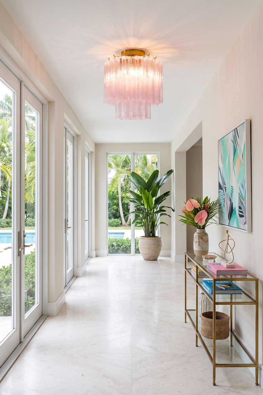 Seraphine Starburst Glass Tube Ceiling Light | Pink Glass and Brass | Illuminating a bright long hallway corridor with glass doors | vexa lamps