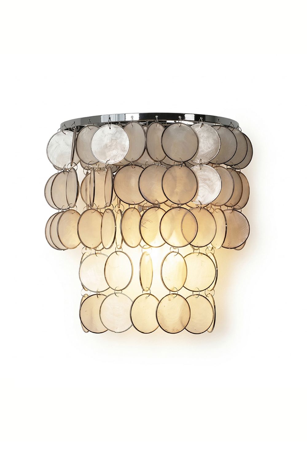 Shimmering round Capiz shell wall lamp with chrome frame | Shell | Iron | Lit front view on white background | vexa lamps
