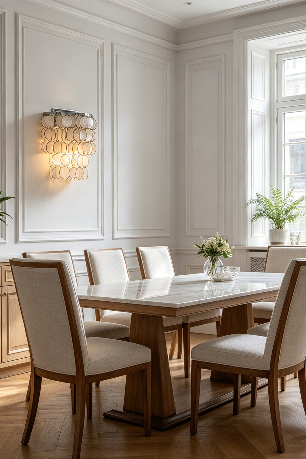 Coastal style Capiz shell wall light | Shell | Iron | Interior scene showing dining area with classic furniture | vexa lamps