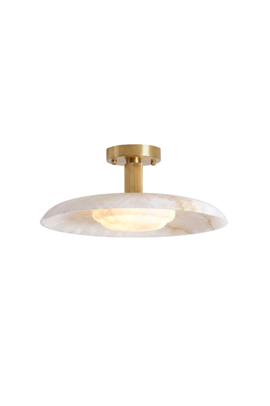 Solene Alabaster Round Ceiling Light | Alabaster, Brass | Isolated lit view of a modern semi-flush mount ceiling light featuring a shallow round saucer-shaped natural white alabaster shade and a central brushed gold stem | White background | vexa lamps