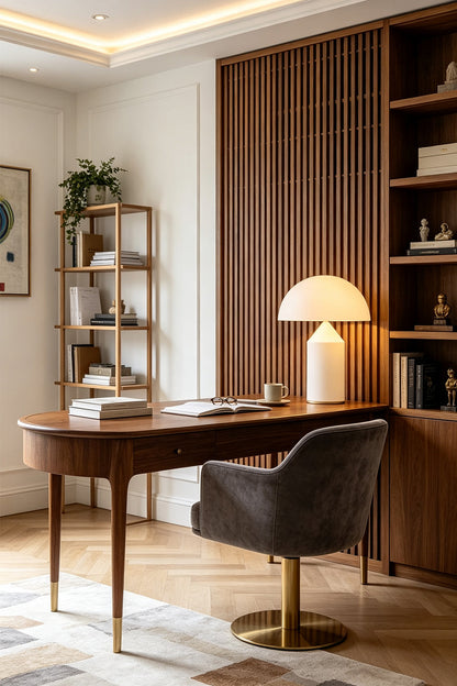 Solene Domed Glass Table Lamp | White Frosted Glass | Placed on a curved wooden desk next to a dark office chair in a modern study room | vexa lamps