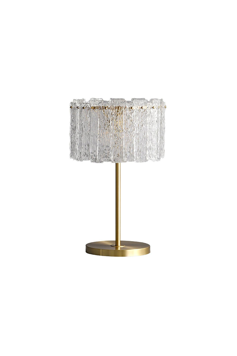 Solene Stacked Glass Table Lamp | Textured Glass and Brass | Front full view on a pure white background, illuminated | vexa lamps