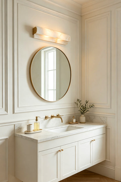 Soren Stacked Alabaster Wall Sconce illuminating a stylish bathroom with a large round mirror.