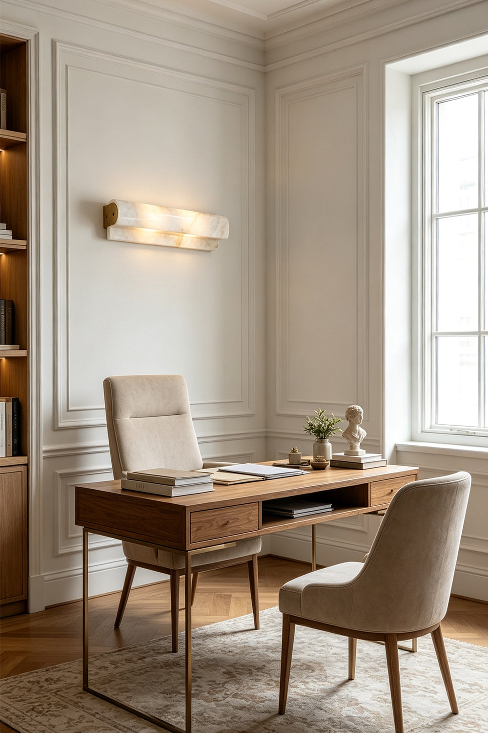 Soren Stacked Alabaster Wall Sconce illuminating a stylish office with wooden desk and light-colored chair.