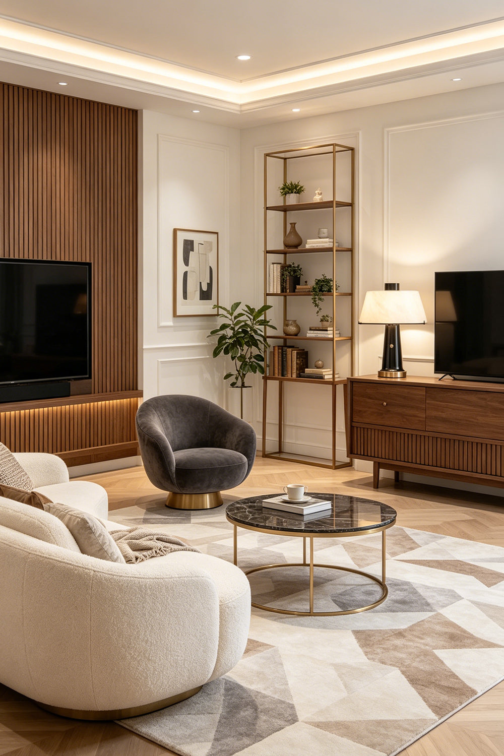 A stylish living room featuring the Sovereign Alabaster Radiance Wall Lamp and modern furniture elements.