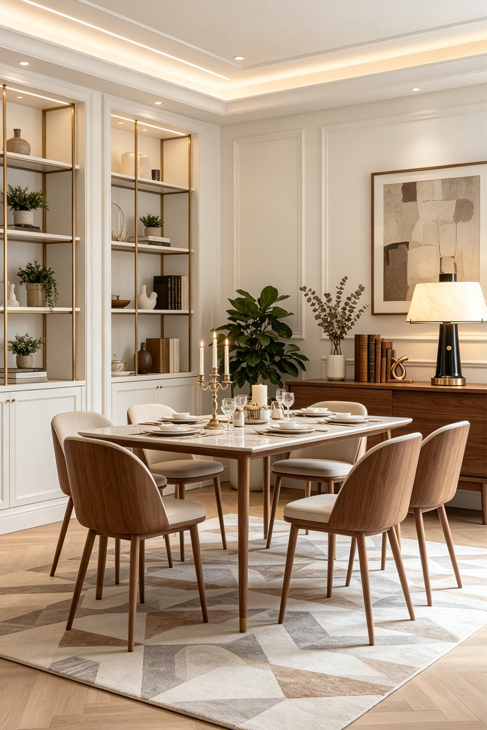 Elegant dining room featuring the Sovereign Alabaster Radiance Wall Lamp and contemporary decor elements.