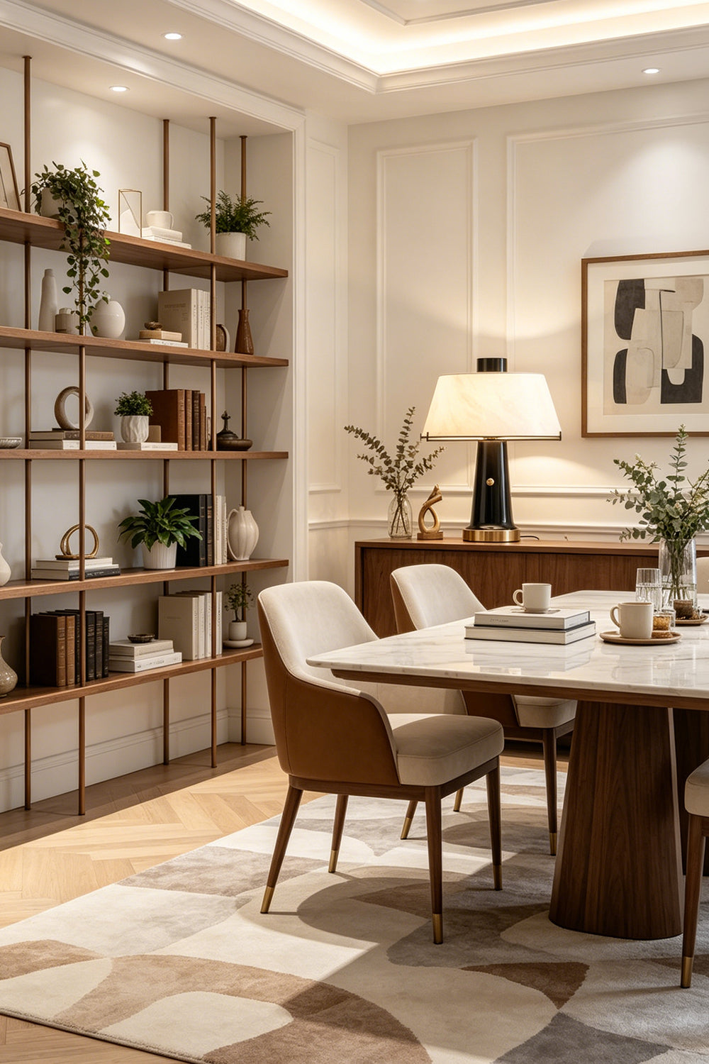 Sovereign Alabaster Radiance Wall Lamp illuminating a stylish dining area with modern decor and elegant furniture.