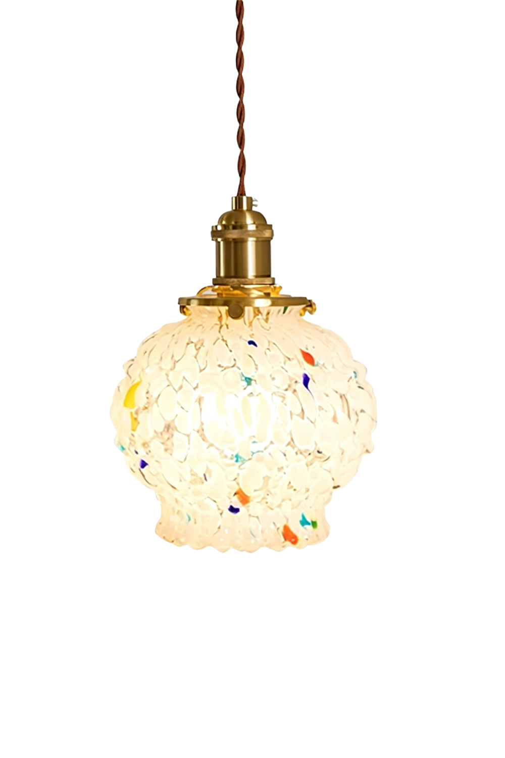 Speckled Bubble Glass Pendant Lamp | Glass, Metal | Fully lit retro-inspired pendant light with a bumpy speckled glass shade featuring colorful flecks and a brushed brass fixture | Isolated lit product shot on white background | vexa lamps