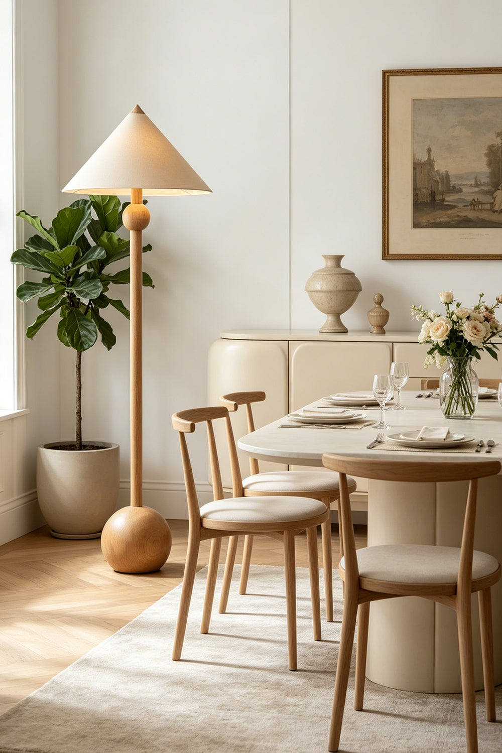 Sphaerica Lignum Wood Floor Lamp | Metal, Wood, Fabric | Complementing a neutral-toned dining area with wooden chairs and cream cabinetry | vexa lamps
