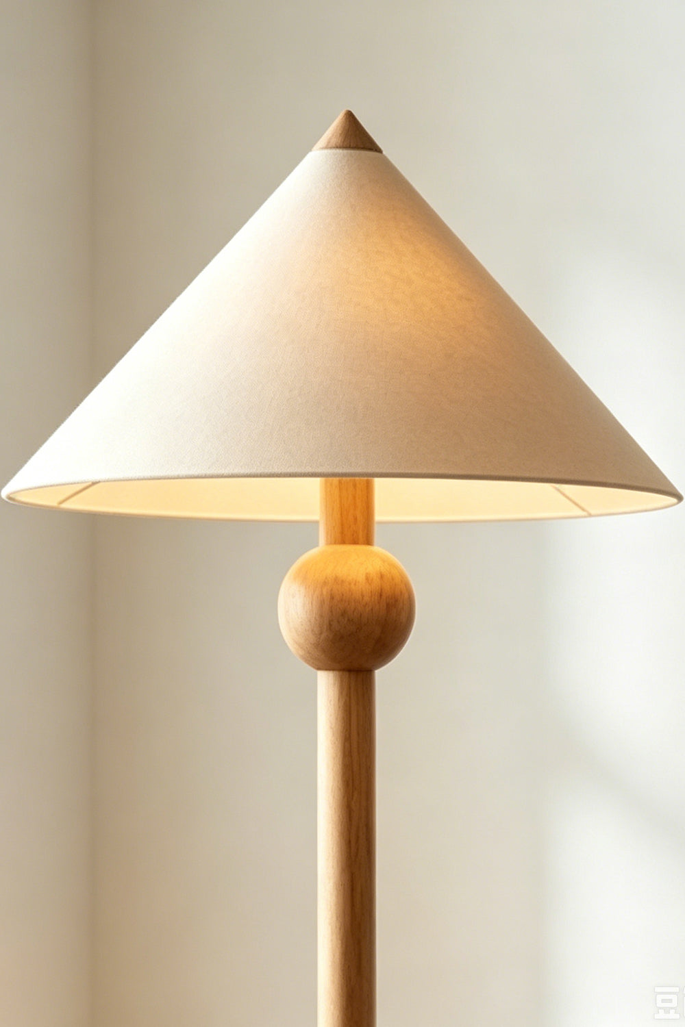 Sphaerica Lignum Wood Floor Lamp | Metal, Wood, Fabric | Close-up of the conical fabric lampshade and the decorative wooden ball neck | vexa lamps