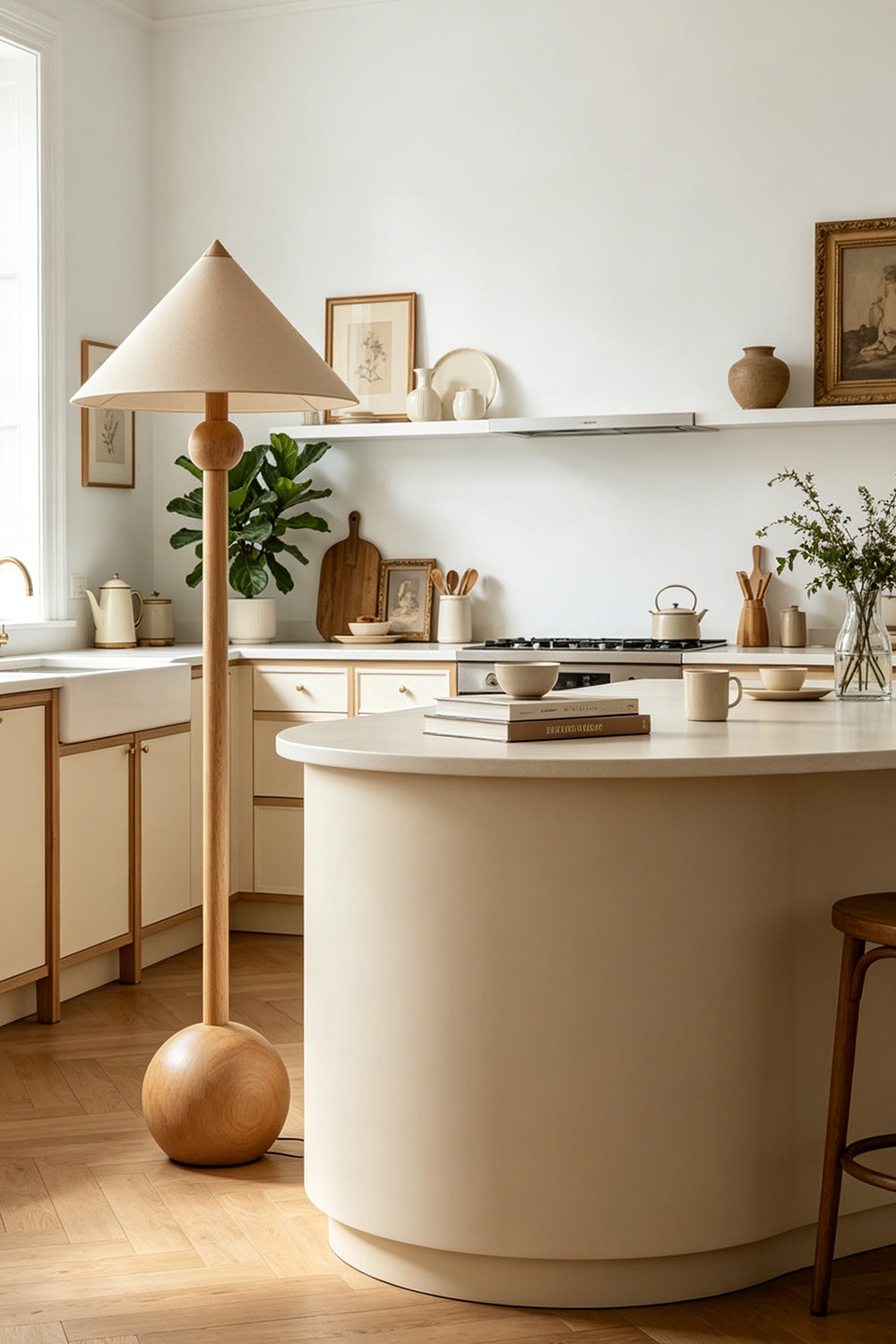 Sphaerica Lignum Wood Floor Lamp | Metal, Wood, Fabric | Positioned near a curved kitchen island in a contemporary open-plan kitchen | vexa lamps