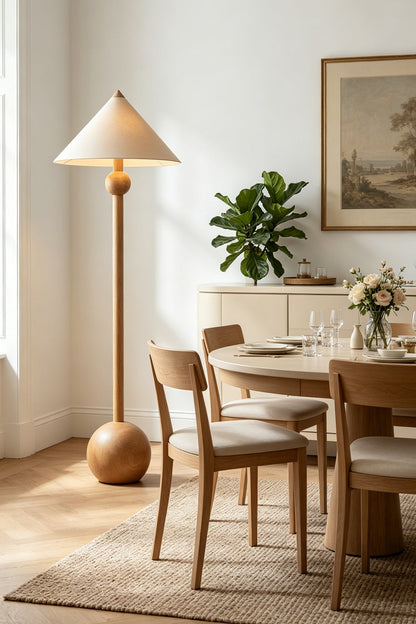 Sphaerica Lignum Wood Floor Lamp | Metal, Wood, Fabric | Standing beside a modern dining set in a bright, sunlit room with neutral tones | vexa lamps
