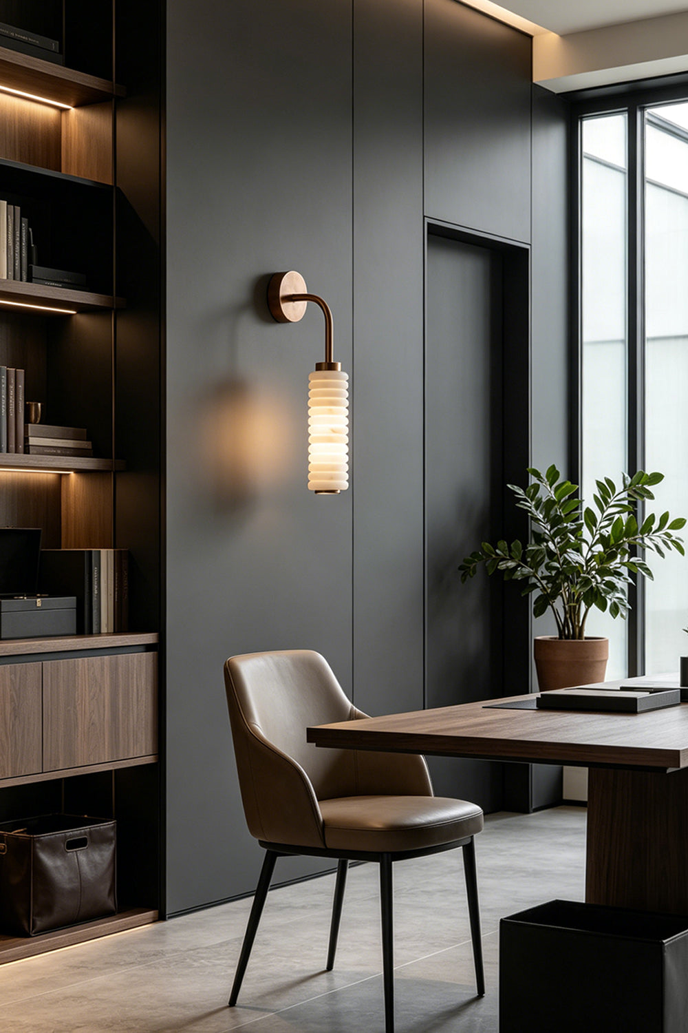 Stacked Strata Alabaster Wall Lamp | Metal, Alabaster | Lit lamp on grey wall in contemporary dining room | vexa lamps