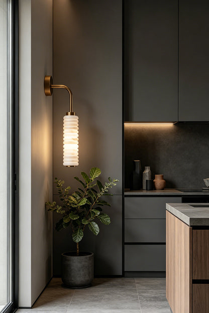 Stacked Strata Alabaster Wall Lamp | Metal, Alabaster | Lit lamp in minimal home corridor or entry | vexa lamps