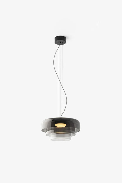 Stratum Layered Glass Pendant Light | Glass, Metal | Full view of the lit smoky grey layered glass pendant variant | Isolated product shot | vexa lamps
