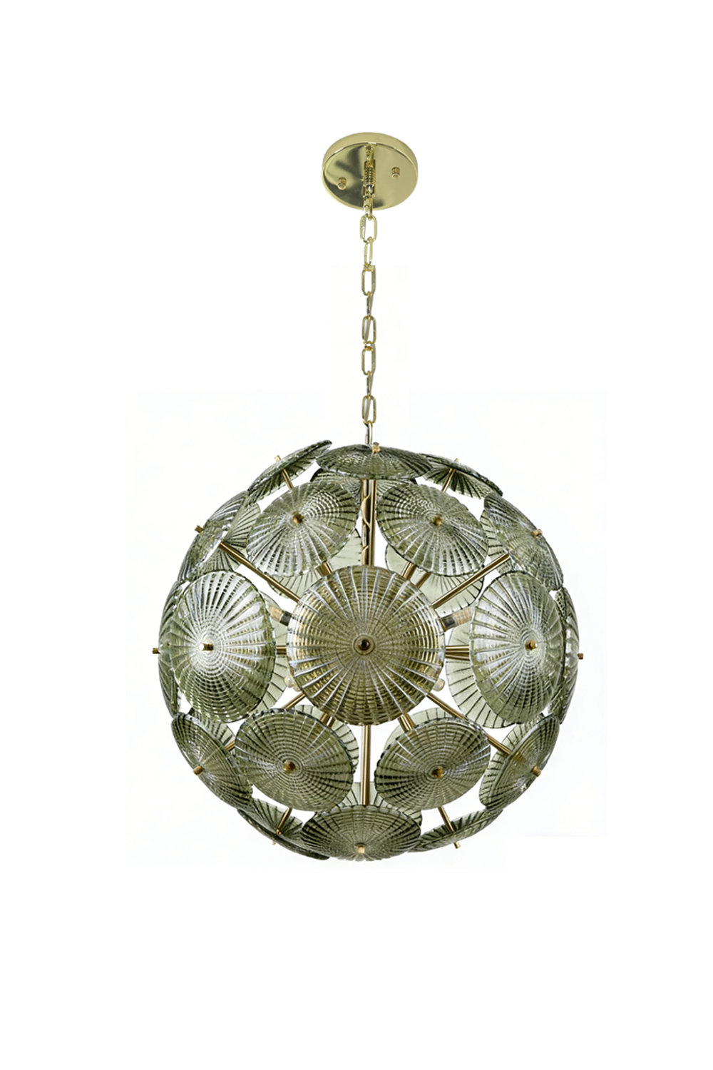 Lit spherical sunburst glass disc chandelier | Metal, Glass | Full front product shot | vexalamps