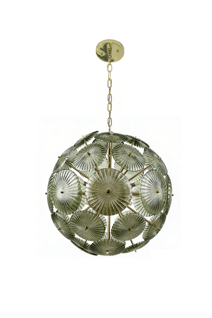Lit spherical sunburst glass disc chandelier | Metal, Glass | Full front product shot | vexalamps