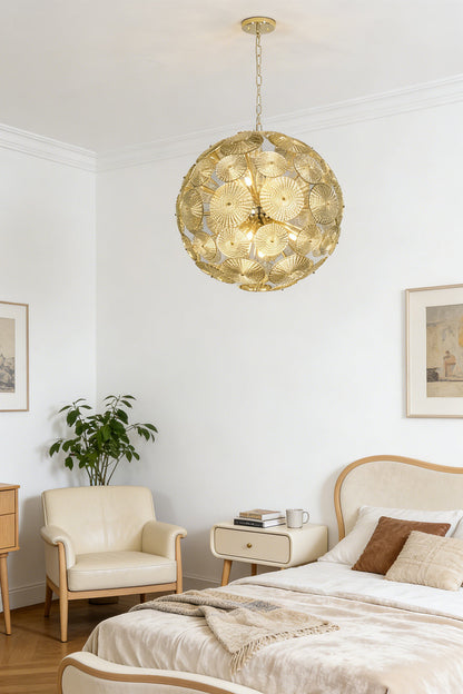 Lit spherical glass pendant light | Metal, Glass | Installed in a classic bedroom over a bed | vexalamps