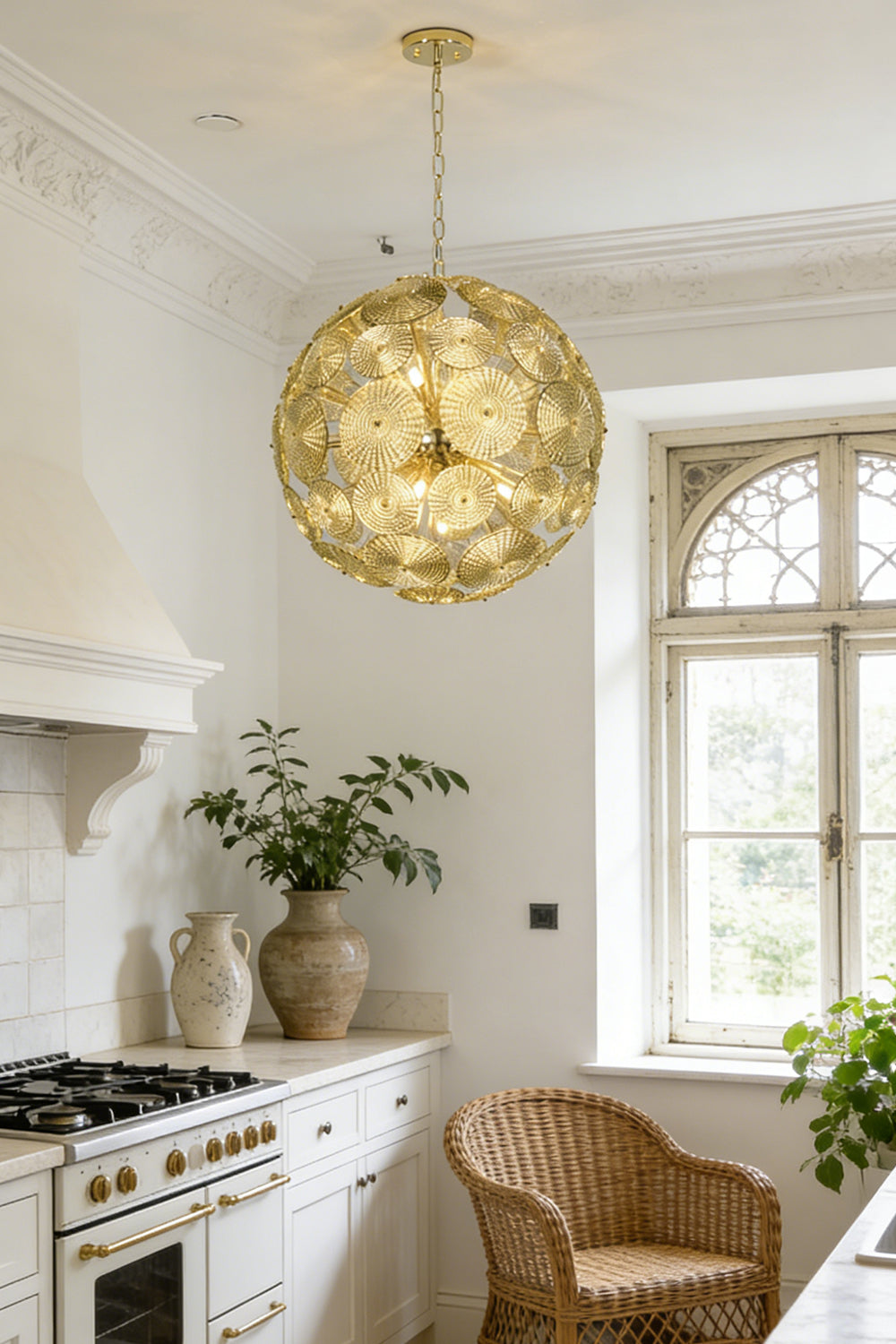Lit spheres modern classic glass lamp | Metal, Glass | Installed in a bright kitchen over a marble counter | vexalamps