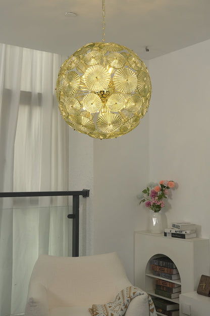 Detailed shot of lit glass spheres chandelier frame | Metal, Glass | Showing brass attachment and spheres structure | vexalamps